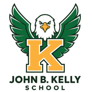 John B. Kelly School logo featuring a green and gold eagle with outstretched wings behind a large gold letter K.